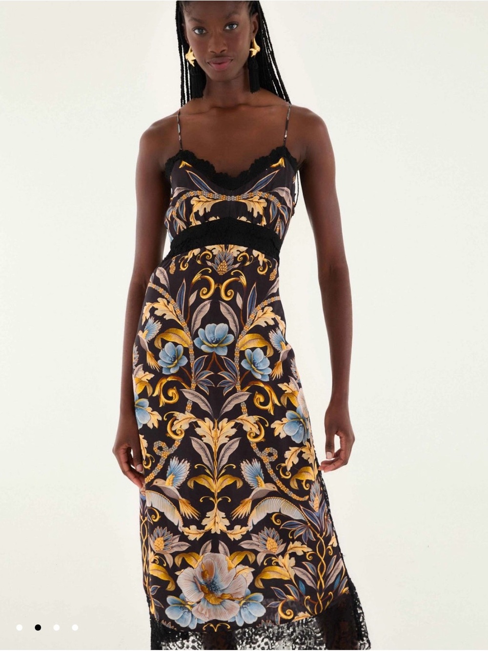BNWT Farm Rio Black Floral Lace Trim Maxi Dress - Blue & Gold Print - Picture 11 of 14